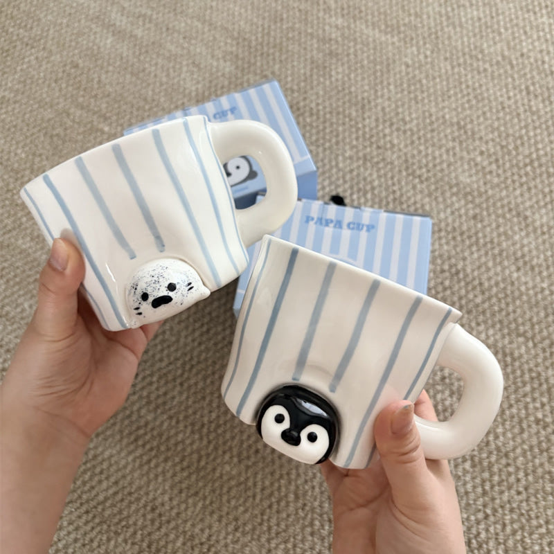 Cute 3D Penguin & Seal Cup, Blue Striped Ceramic Mug, Adorable Animal Coffee Cup for Girl & Kids