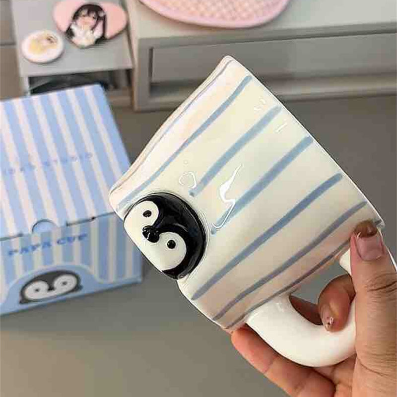 Cute 3D Penguin & Seal Cup, Blue Striped Ceramic Mug, Adorable Animal Coffee Cup for Girl & Kids