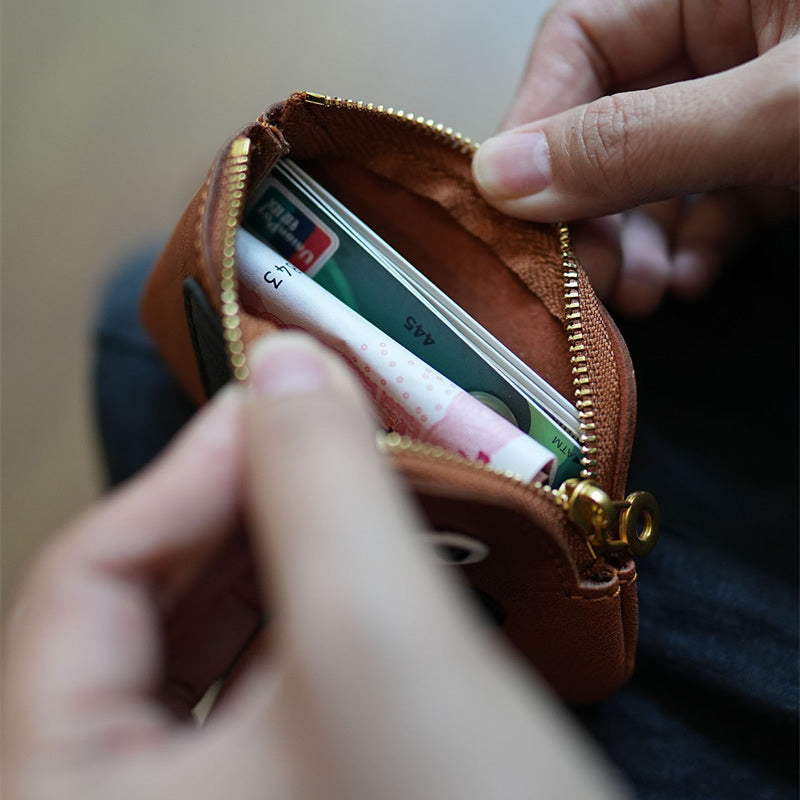 Cute Dog-Face Genuine Leather Coin Purse - Zippered Wallet, Top-Grain Cowhide
