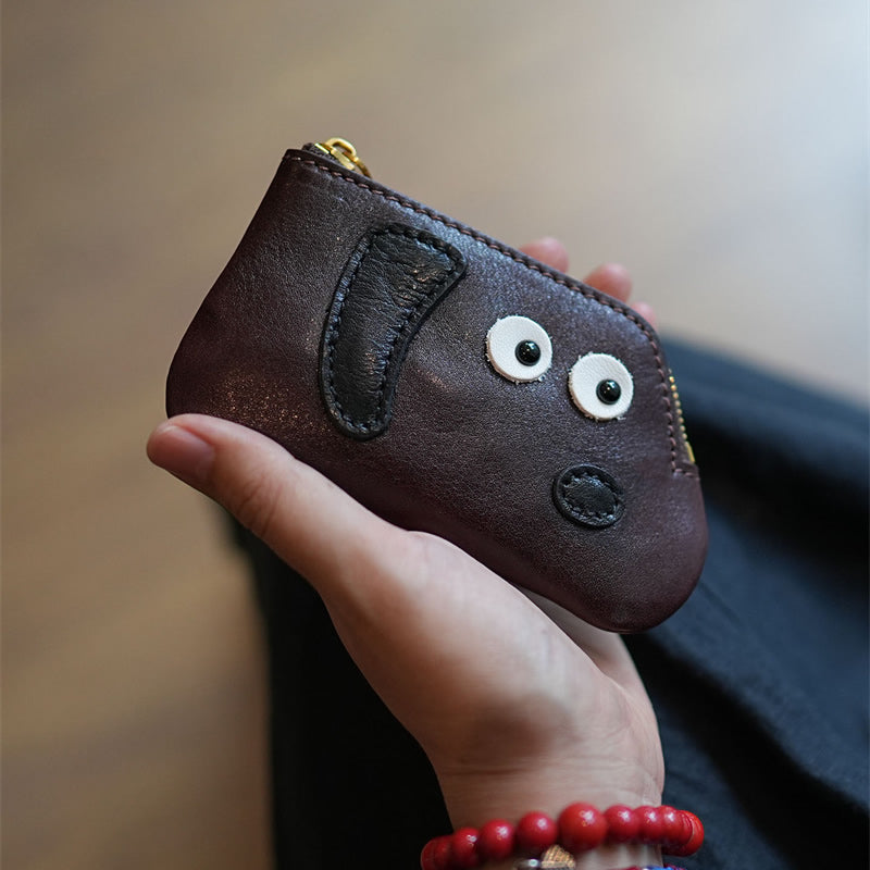 Cute Dog-Face Genuine Leather Coin Purse - Zippered Wallet, Top-Grain Cowhide