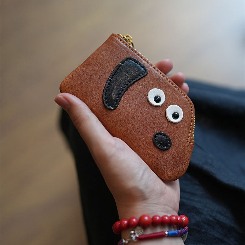Cute Dog-Face Genuine Leather Coin Purse - Zippered Wallet, Top-Grain Cowhide