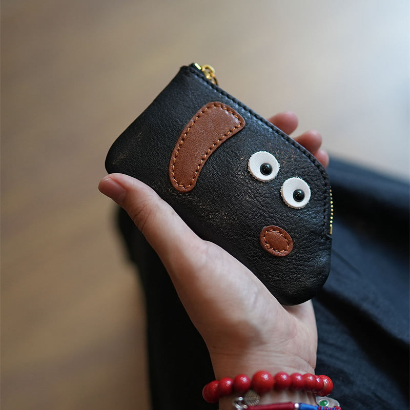 Cute Dog-Face Genuine Leather Coin Purse - Zippered Wallet, Top-Grain Cowhide