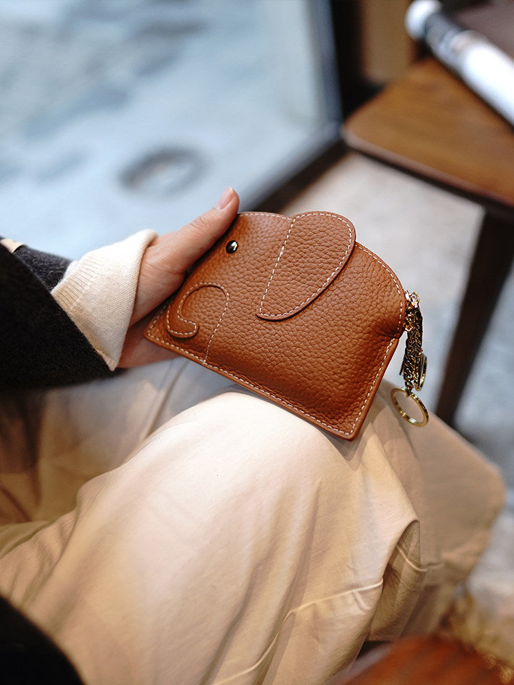 Cute Elephant Genuine Leather Coin Purse - Zippered Wallet with Keyring, Top-Grain Cowhide