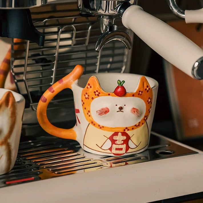 Cute Hand-Painted Cat Ceramic Mug, Adorable kitty Coffee Cup with Carrot Topper