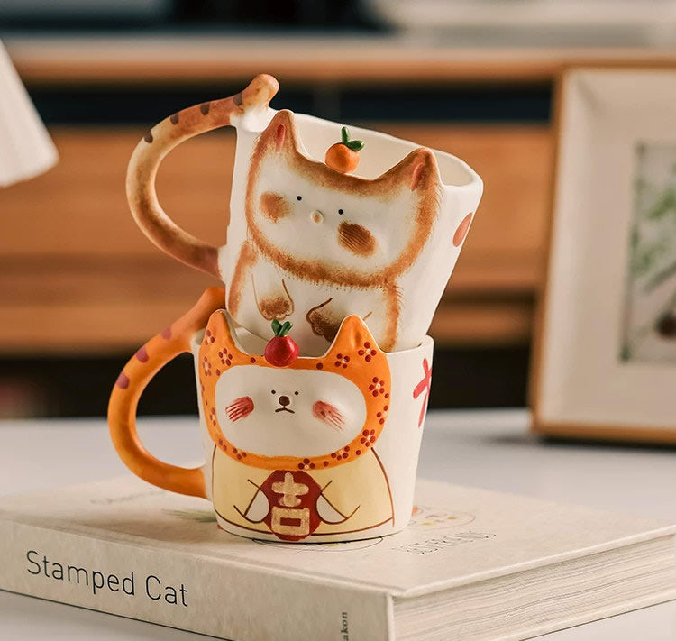 Cute Hand-Painted Cat Ceramic Mug, Adorable kitty Coffee Cup with Carrot Topper