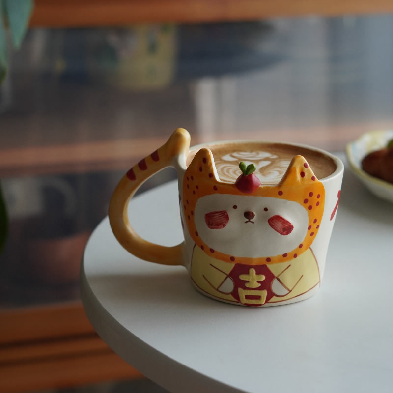 Cute Hand-Painted Cat Ceramic Mug, Adorable kitty Coffee Cup with Carrot Topper