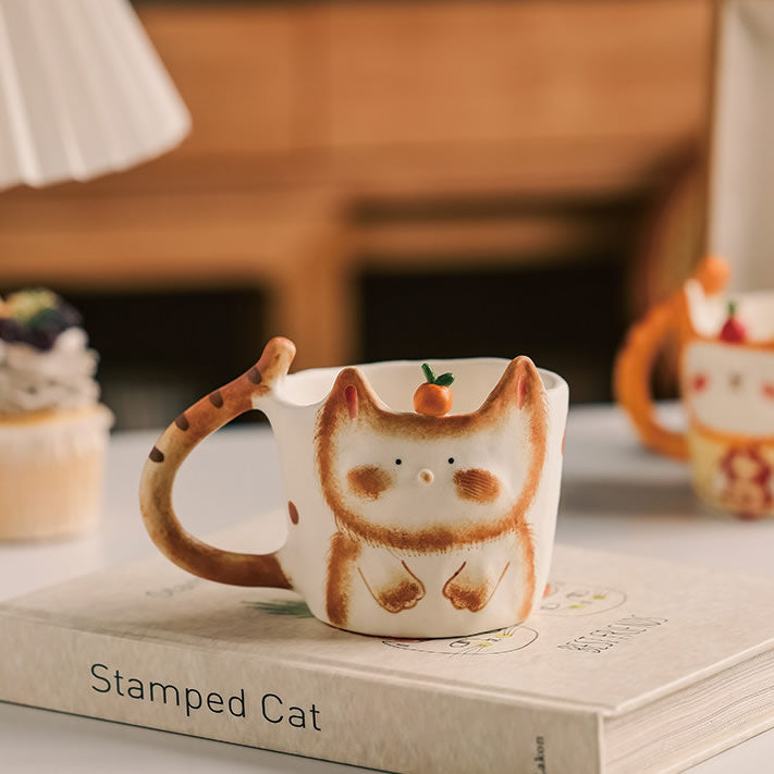 Cute Hand-Painted Cat Ceramic Mug, Adorable kitty Coffee Cup with Carrot Topper