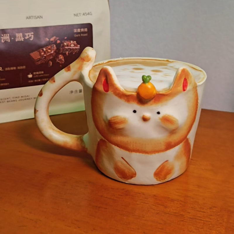 Cute Hand-Painted Cat Ceramic Mug, Adorable kitty Coffee Cup with Carrot Topper
