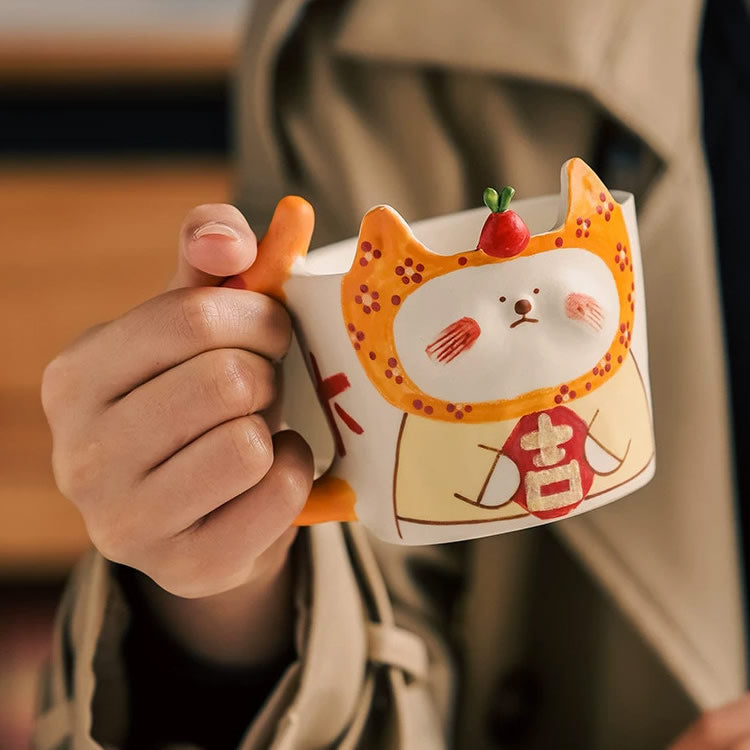 Cute Hand-Painted Cat Ceramic Mug, Adorable kitty Coffee Cup with Carrot Topper