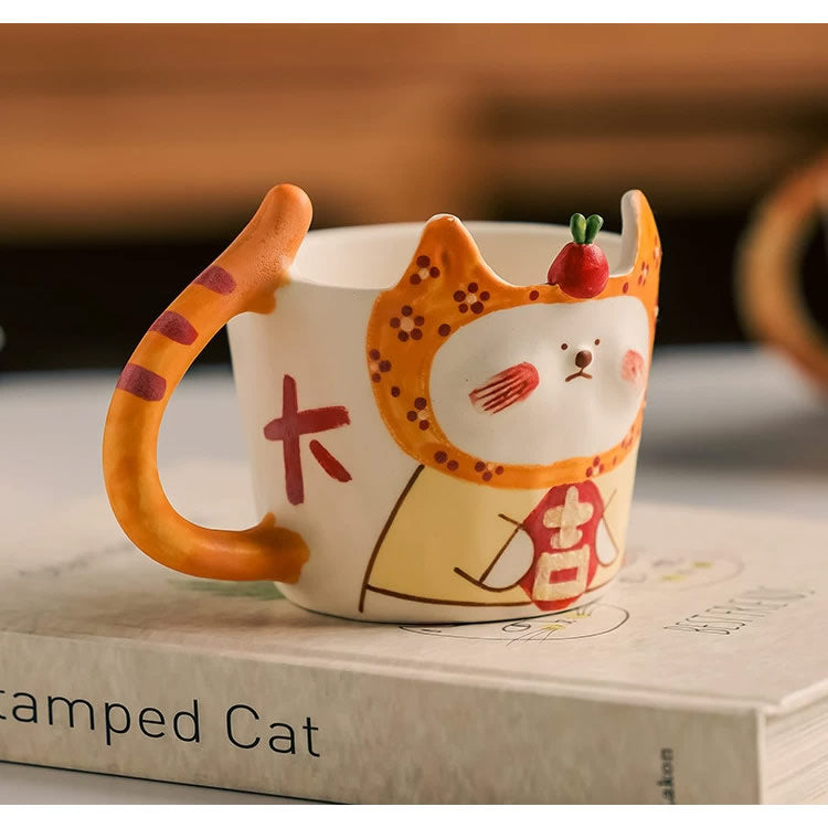Cute Hand-Painted Cat Ceramic Mug, Adorable kitty Coffee Cup with Carrot Topper