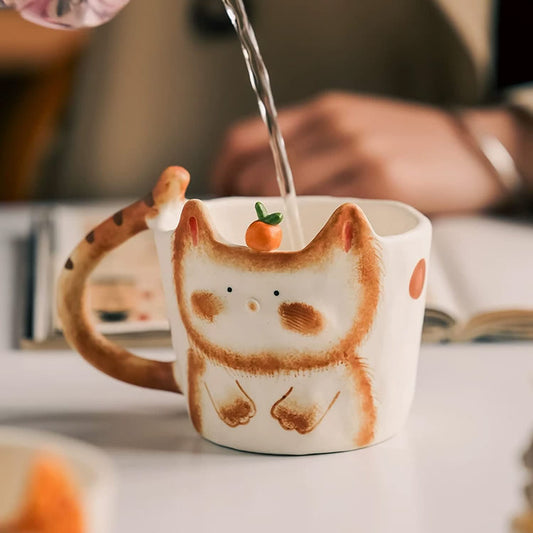 Cute Hand-Painted Cat Ceramic Mug, Adorable kitty Coffee Cup with Carrot Topper