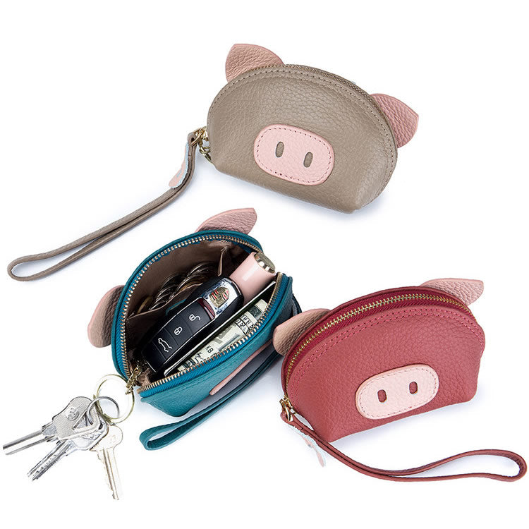 Cute Little Pig Genuine Cowhide Coin Purse with Wristlet