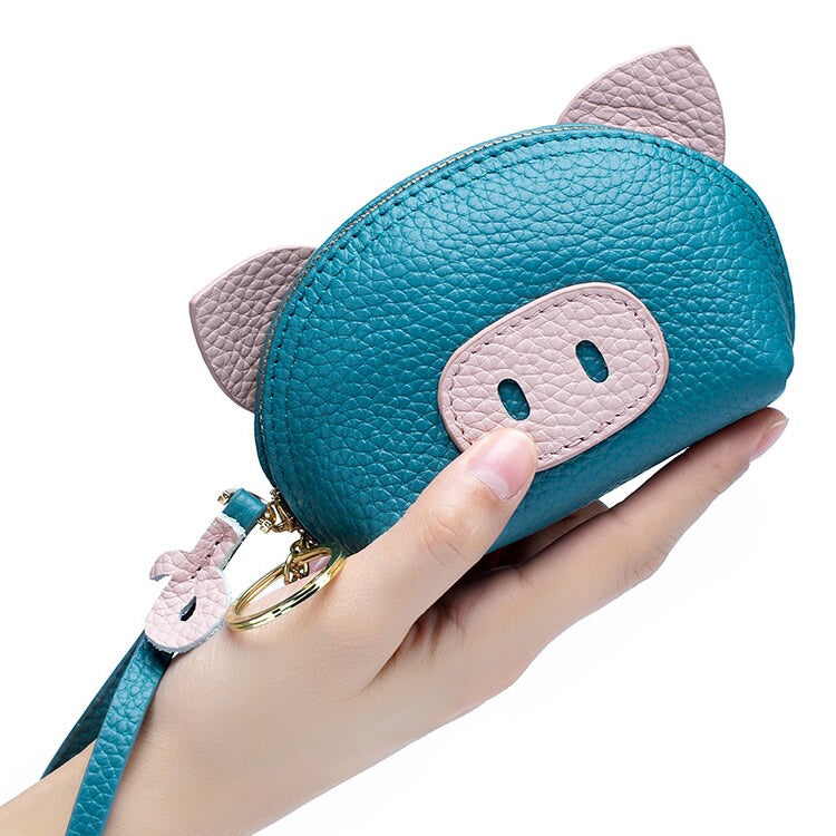 Cute Little Pig Genuine Cowhide Coin Purse with Wristlet