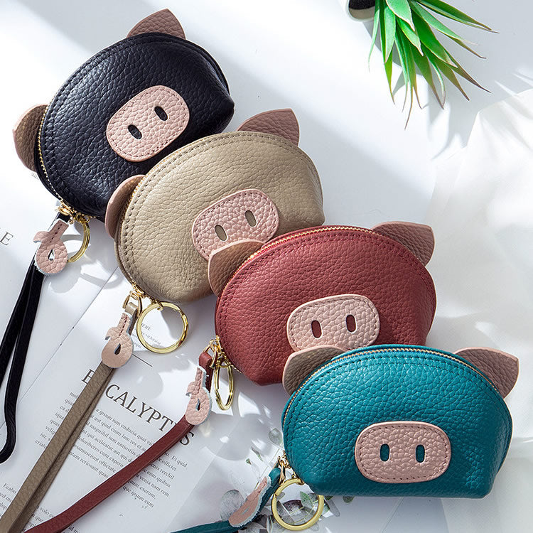 Cute Little Pig Genuine Cowhide Coin Purse with Wristlet