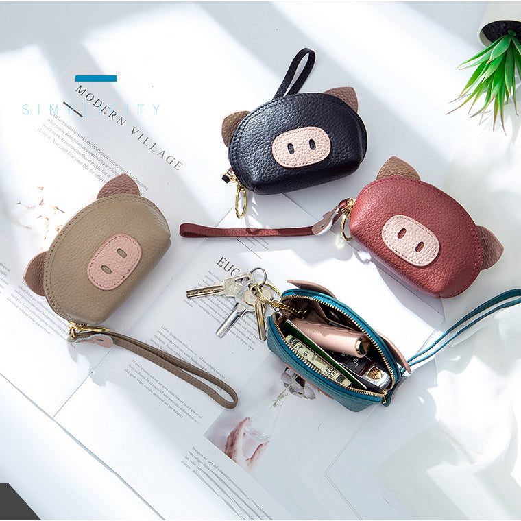 Cute Little Pig Genuine Cowhide Coin Purse with Wristlet