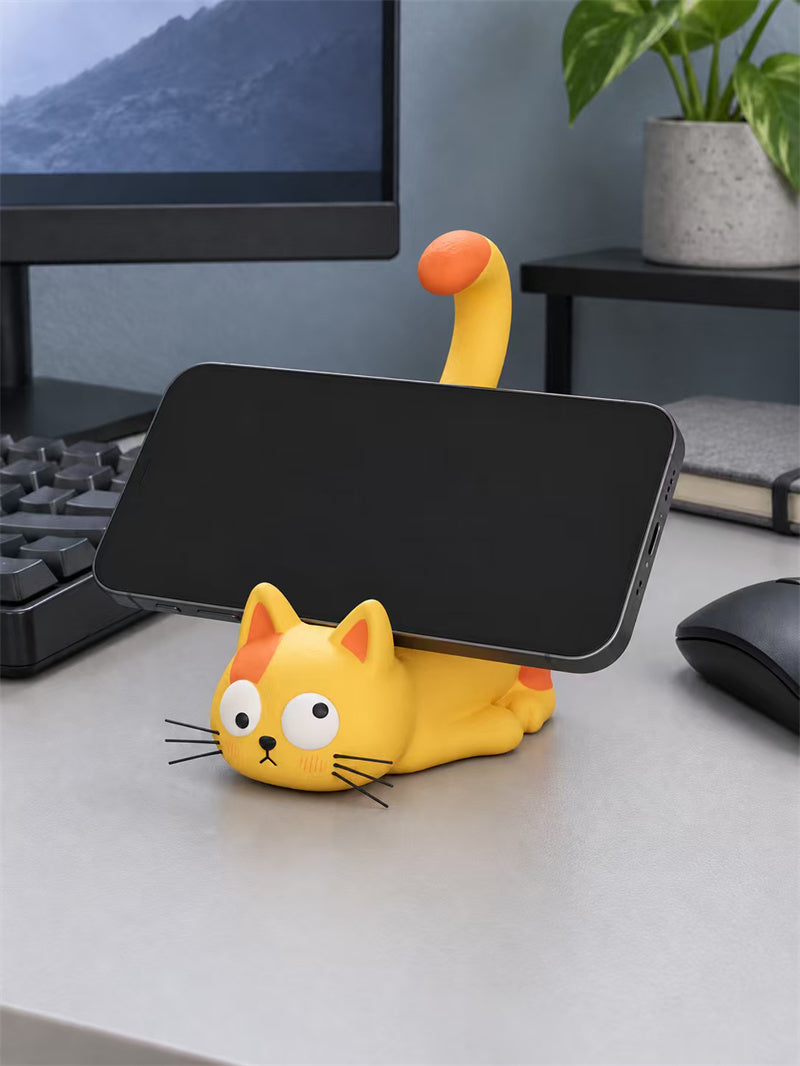 Cute Lying Cat Resin Cell Phone Stand - Whimsical Kitty Figurine Desktop Phone Holder