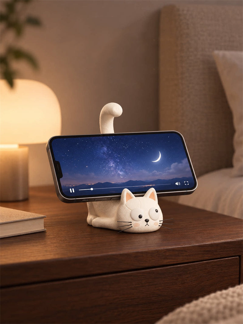 Cute Lying Cat Resin Cell Phone Stand - Whimsical Kitty Figurine Desktop Phone Holder