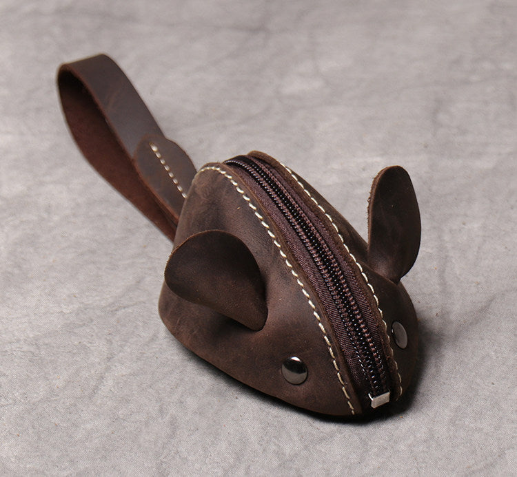 Cute Mouse-Shaped Genuine Leather Coin Purse - Zippered Pouch with Wrist Strap