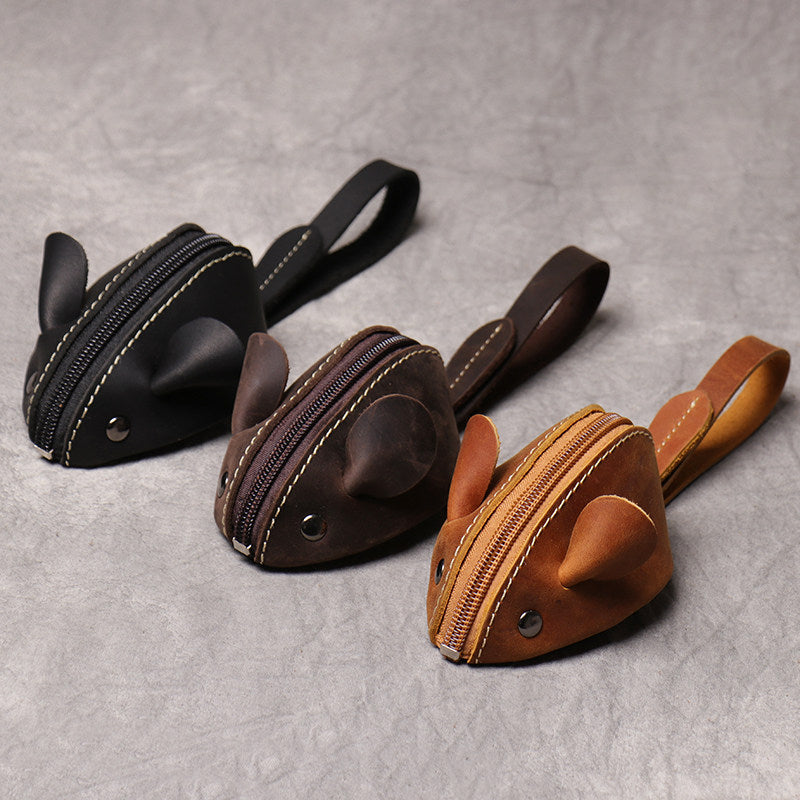 Cute Mouse-Shaped Genuine Leather Coin Purse - Zippered Pouch with Wrist Strap