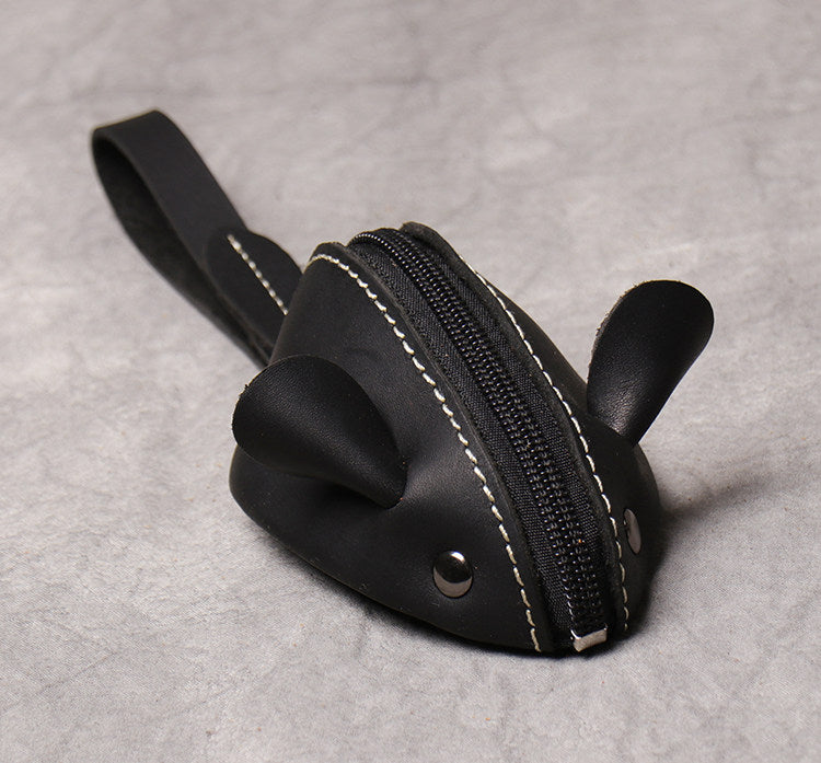 Cute Mouse-Shaped Genuine Leather Coin Purse - Zippered Pouch with Wrist Strap