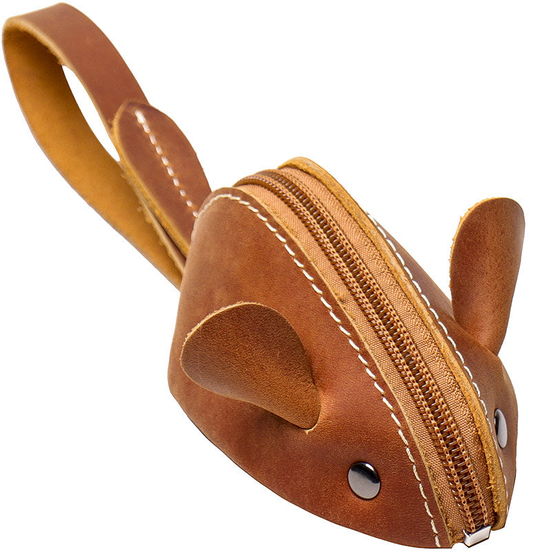 Cute Mouse-Shaped Genuine Leather Coin Purse - Zippered Pouch with Wrist Strap