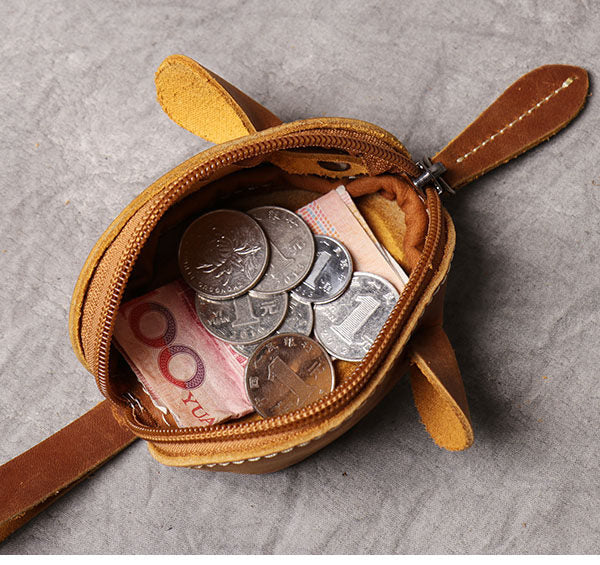 Cute Mouse-Shaped Genuine Leather Coin Purse - Zippered Pouch with Wrist Strap