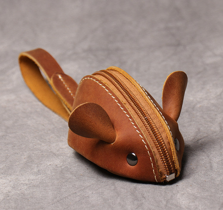 Cute Mouse-Shaped Genuine Leather Coin Purse - Zippered Pouch with Wrist Strap