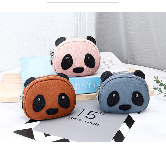 Cute Panda Mini Zipper Coin Purse, Leather Key Pouch with Keychain, Multi-Compartment Wallet for Coins, Cards, Keys