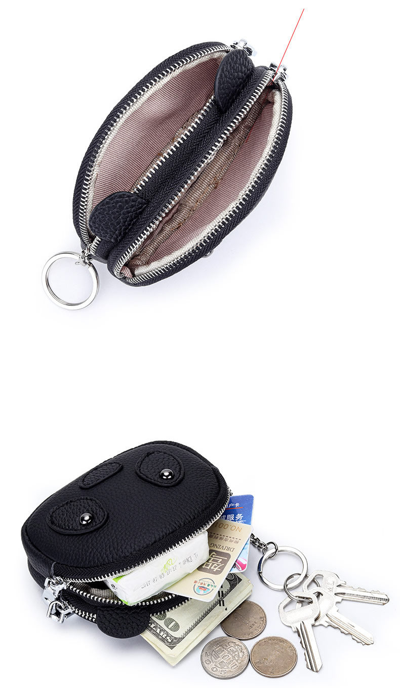 Cute Panda Mini Zipper Coin Purse, Leather Key Pouch with Keychain, Multi-Compartment Wallet for Coins, Cards, Keys