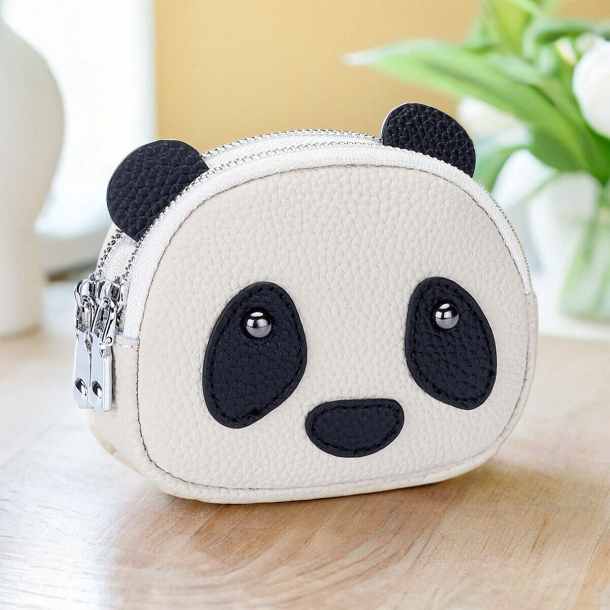 Cute Panda Mini Zipper Coin Purse, Leather Key Pouch with Keychain, Multi-Compartment Wallet for Coins, Cards, Keys