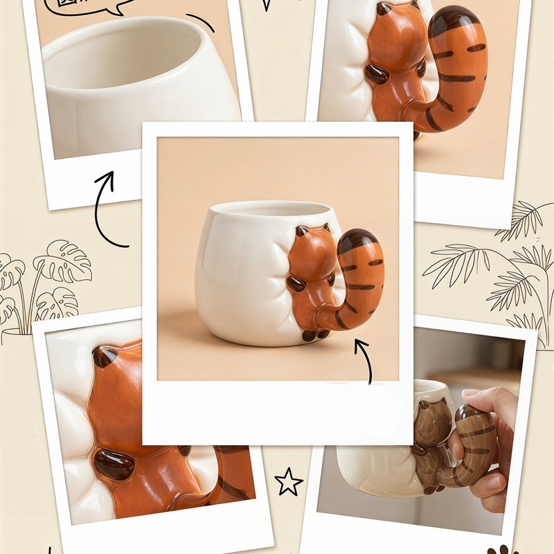 Cute Red Panda Butt Ceramic Mug with Tail Handle, 3D Animal Coffee Cup, Whimsical Red Panda Tea Mug
