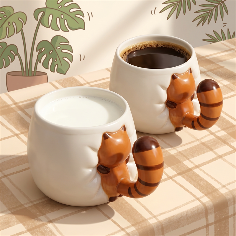 Cute Red Panda Butt Ceramic Mug with Tail Handle, 3D Animal Coffee Cup, Whimsical Red Panda Tea Mug