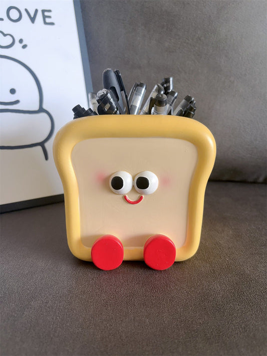 Cute Toast Bread Desk Organizer – Cartoon Pen & Stationery Holder for Office, School, and Vanity Decor