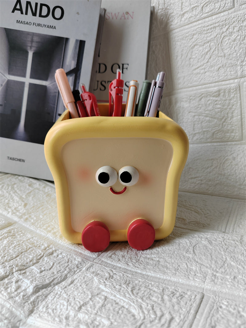 Cute Toast Bread Desk Organizer – Cartoon Pen & Stationery Holder for Office, School, and Vanity Decor