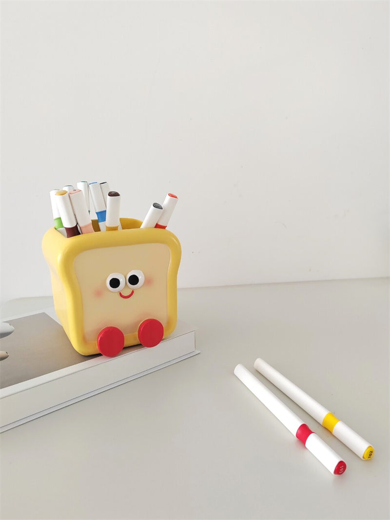 Cute Toast Bread Desk Organizer – Cartoon Pen & Stationery Holder for Office, School, and Vanity Decor