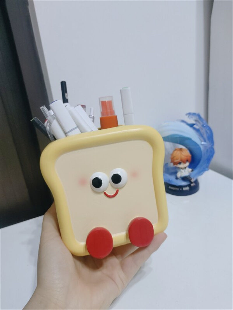 Cute Toast Bread Desk Organizer – Cartoon Pen & Stationery Holder for Office, School, and Vanity Decor