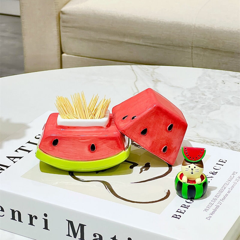 Cute Watermelon Slice Ceramic Toothpick Holder, Fruit Shaped Toothpick Dispenser , Dining Table Decor Storage Container