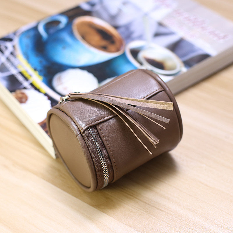 Cylindrical Leather Mini Storage Pouch - Zippered Makeup & Earbud Case