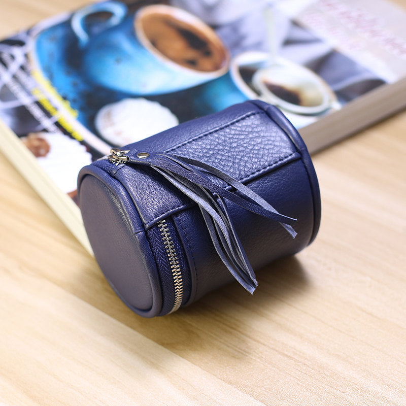 Cylindrical Leather Mini Storage Pouch - Zippered Makeup & Earbud Case