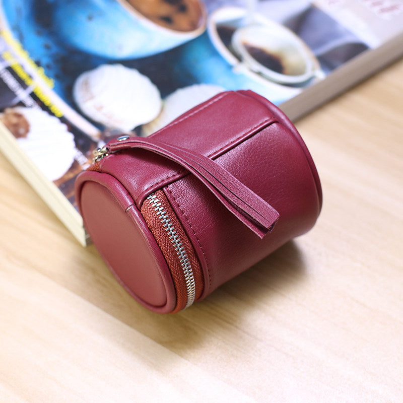 Cylindrical Leather Mini Storage Pouch - Zippered Makeup & Earbud Case