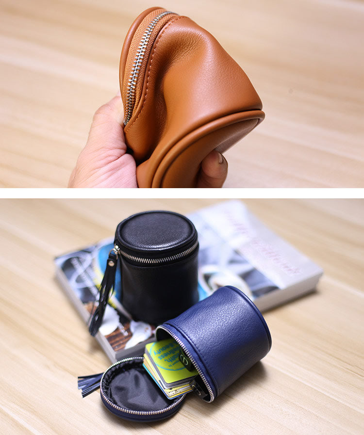 Cylindrical Leather Mini Storage Pouch - Zippered Makeup & Earbud Case