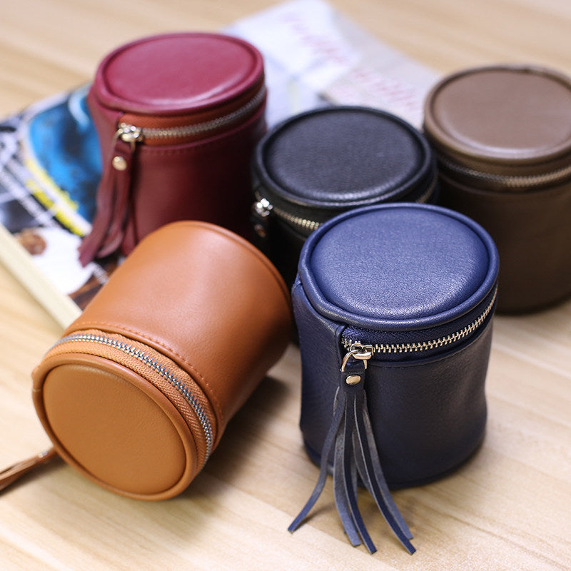 Cylindrical Leather Mini Storage Pouch - Zippered Makeup & Earbud Case