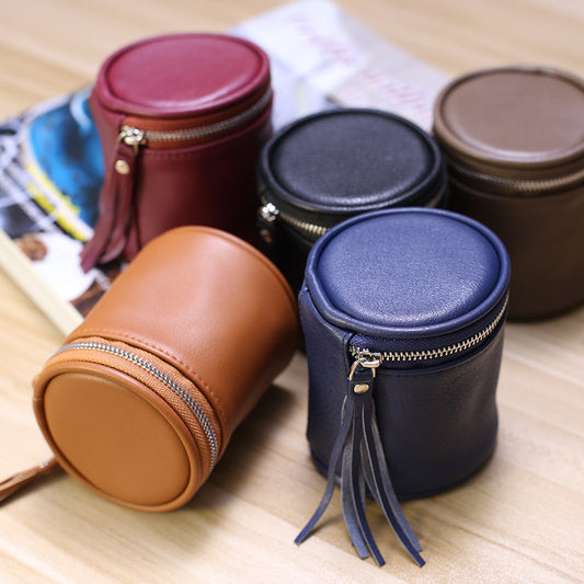 Cylindrical Leather Mini Storage Pouch - Zippered Makeup & Earbud Case
