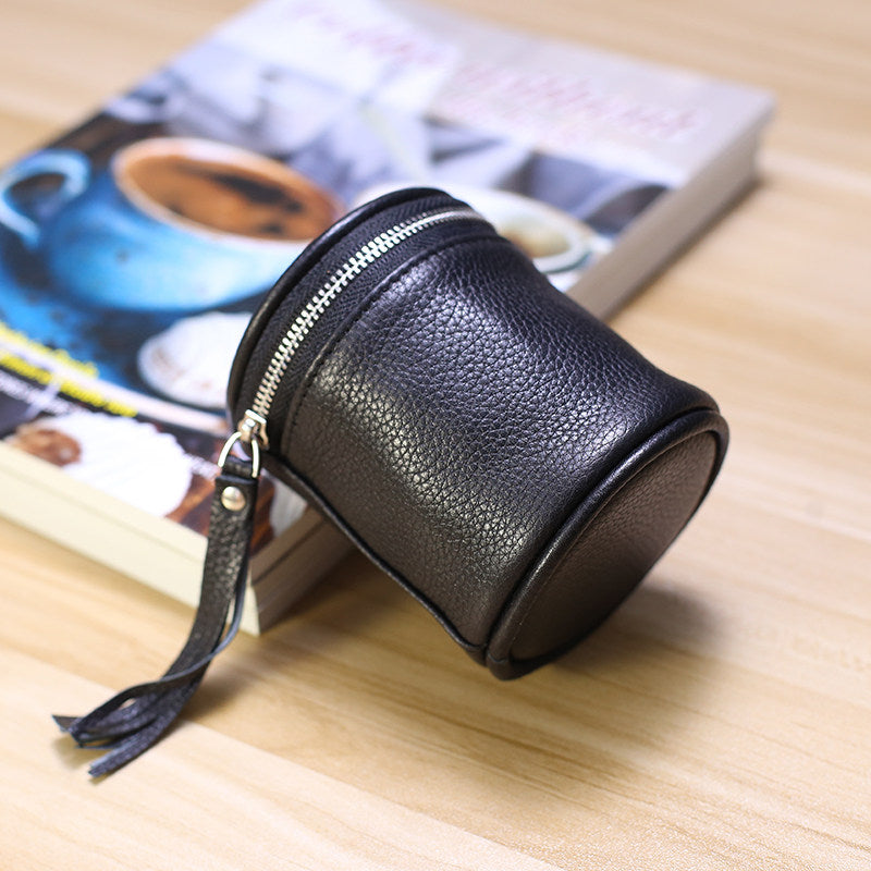 Cylindrical Leather Mini Storage Pouch - Zippered Makeup & Earbud Case
