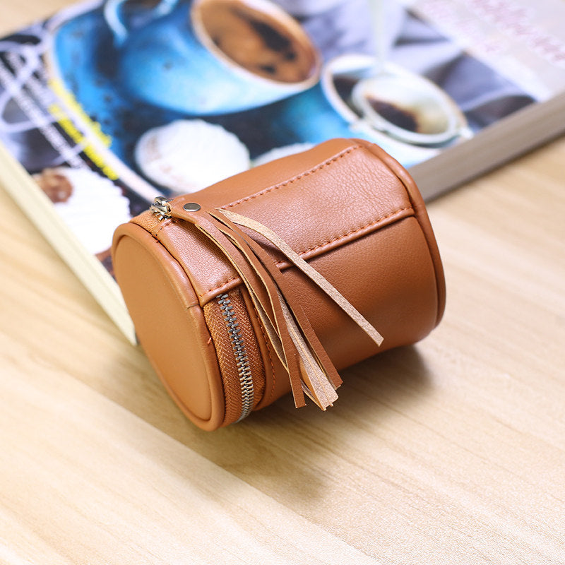 Cylindrical Leather Mini Storage Pouch - Zippered Makeup & Earbud Case