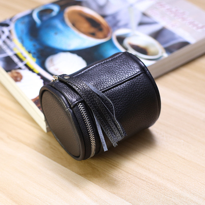 Cylindrical Leather Mini Storage Pouch - Zippered Makeup & Earbud Case