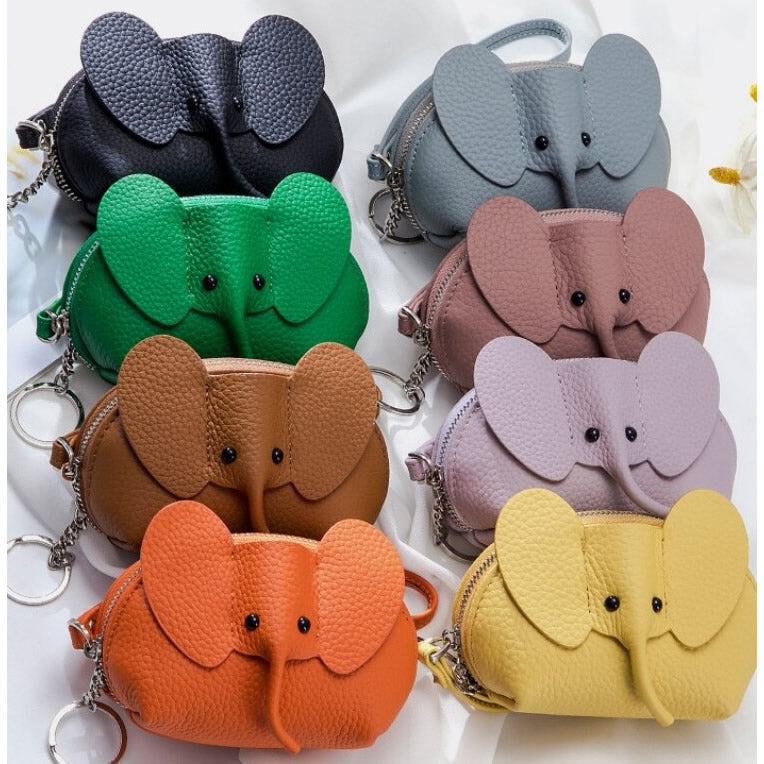 Elephant-Shaped Genuine Leather Coin Purse with Wristlet & Keychain