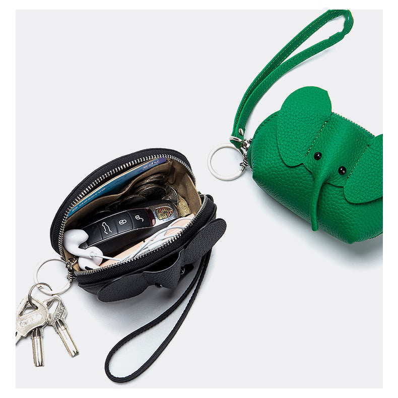 Elephant-Shaped Genuine Leather Coin Purse with Wristlet & Keychain