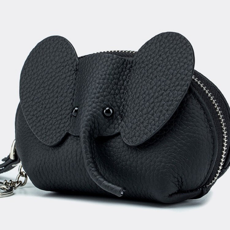 Elephant-Shaped Genuine Leather Coin Purse with Wristlet & Keychain