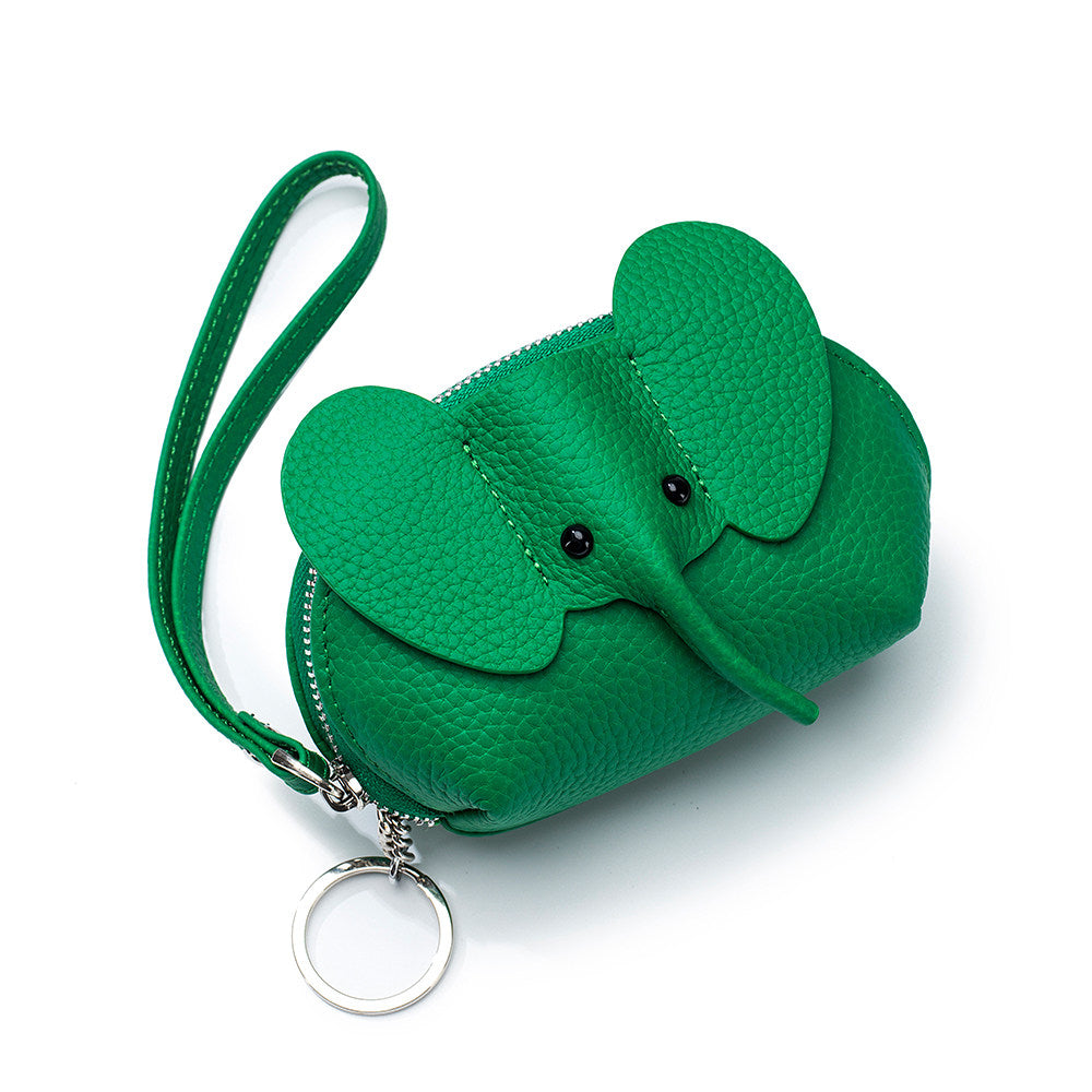 Elephant-Shaped Genuine Leather Coin Purse with Wristlet & Keychain